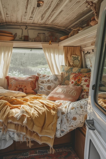 L'intérieur confortable de la chambre à coucher dans le camping-car Les endroits pour dormir dans un camping-car