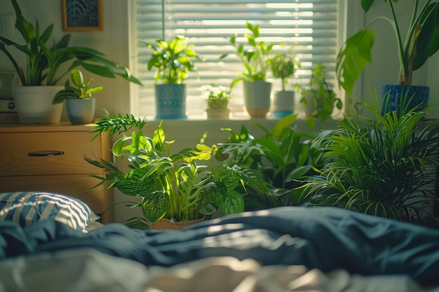 Photo l'intérieur confortable de la chambre à coucher avec des plantes d'intérieur verdoyantes et la lumière du soleil du matin filtrant à travers les stores