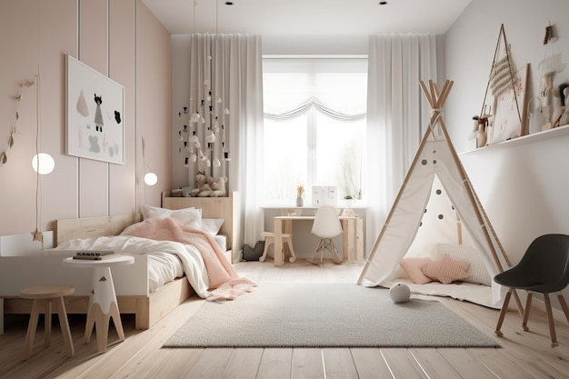 L'intérieur confortable de la chambre des enfants dans une maison moderne dans le style Scandi