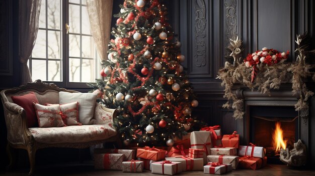 intérieur confortable du nouvel an avec arbre de Noël et guirlandes