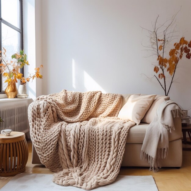 Intérieur confortable du salon avec une couverture tricotée