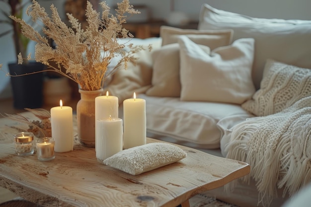 Intérieur confortable et élégant du salon Bougies tricotées pour oreillers et fleurs séchées