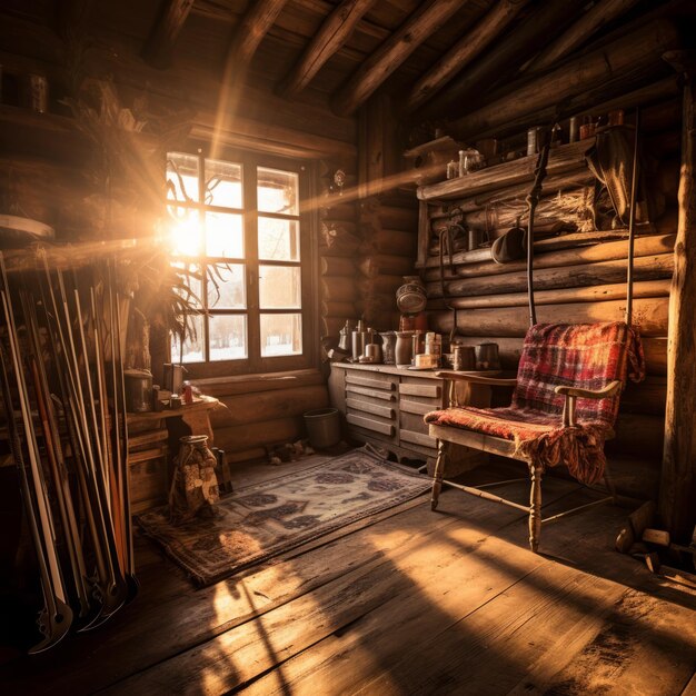 Photo l'intérieur confortable d'une maison en bois avec une grande fenêtre