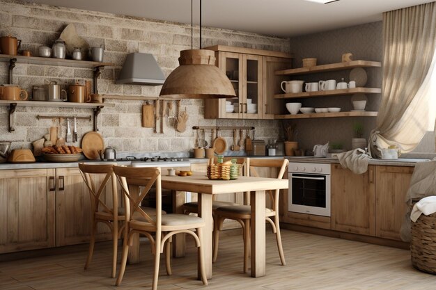 Intérieur confortable de la salle à manger avec des meubles en bois