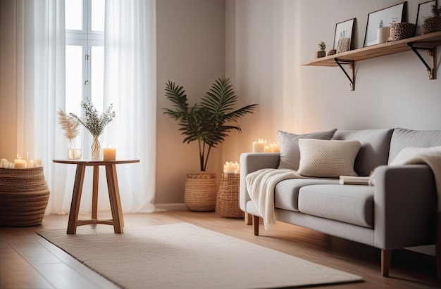 Intérieur confortable d'un salon moderne dans le style hygge canapé avec coussins couleurs blanches et grises confortable tricoté plaid minimalisme bougies générées par l'IA