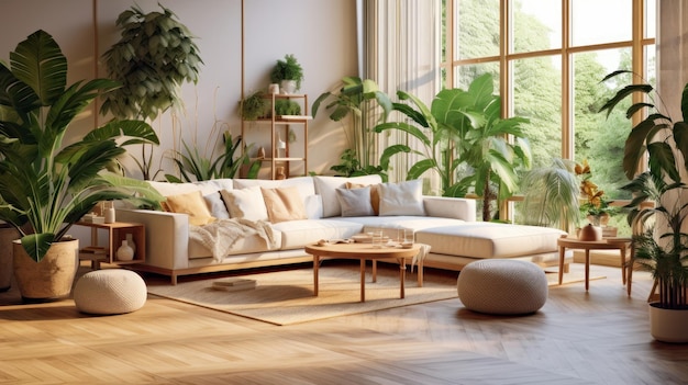 Intérieur confortable de salon de style boho dans des couleurs naturelles Canapé d'angle confortable avec coussins ottomans de nombreuses plantes d'intérieur tapis de table à café en bois sur le sol décoration d'intérieur rendu 3D