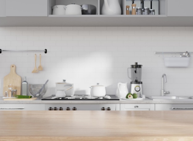 Intérieur contemporain moderne de salle de cuisine, dessus de table en bois sur le fond flou de cuisine, rendu 3D