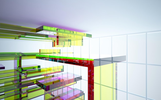 Intérieur de couleur dégradé de verre architectural abstrait d'une maison minimaliste avec de grandes fenêtres 3D