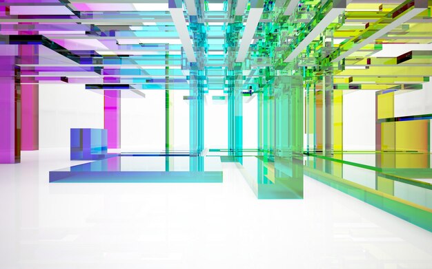 Intérieur de couleur dégradé de verre architectural abstrait d'une maison minimaliste avec de grandes fenêtres 3D