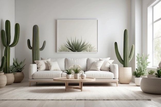 intérieur en couleurs de texture blanche salon canapé beige avec un tapis et un grand cactus