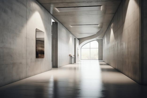 Intérieur de couloir en béton moderne avec place de maquette vide sur les piliers muraux et lumière du jour générée par l'IA