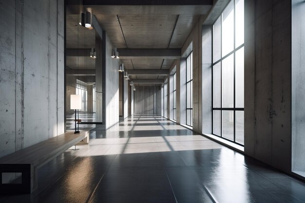 Intérieur de couloir en béton moderne avec place de maquette vide sur les piliers muraux et lumière du jour générée par l'IA