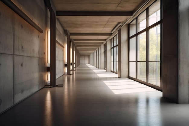 Intérieur de couloir en béton moderne avec place de maquette vide sur les piliers muraux et lumière du jour générée par l'IA