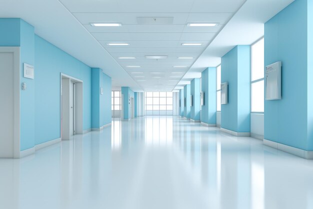 Intérieur d'un couloir d'hôpital moderne avec des murs bleus et un sol blanc mock-up 3D généré par l'IA