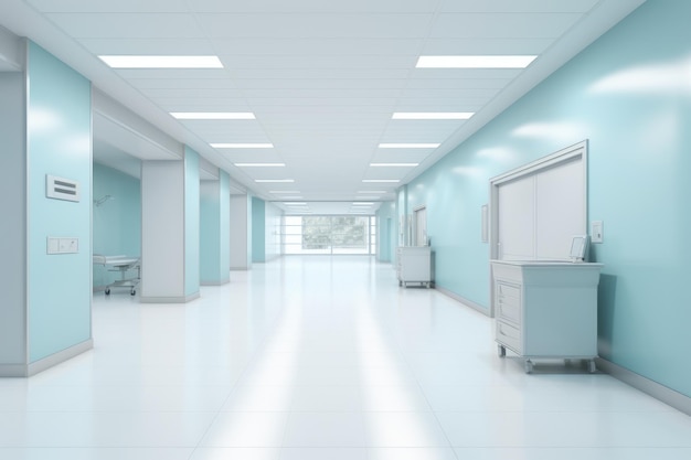 intérieur d'un couloir d'hôpital avec des murs bleus et un sol blanc