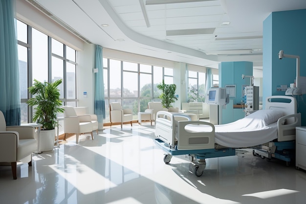 Intérieur d'un couloir d'hôpital avec des patients dans un lit d'hôpital