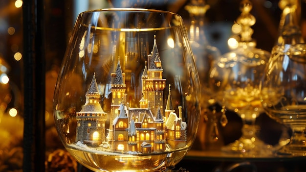 Photo À l'intérieur de la coupe de cristal, un château en miniature brille, ses tourelles et ses flèches reflétant la lumière dans un spectacle hypnotisant d'élégance et de charme.