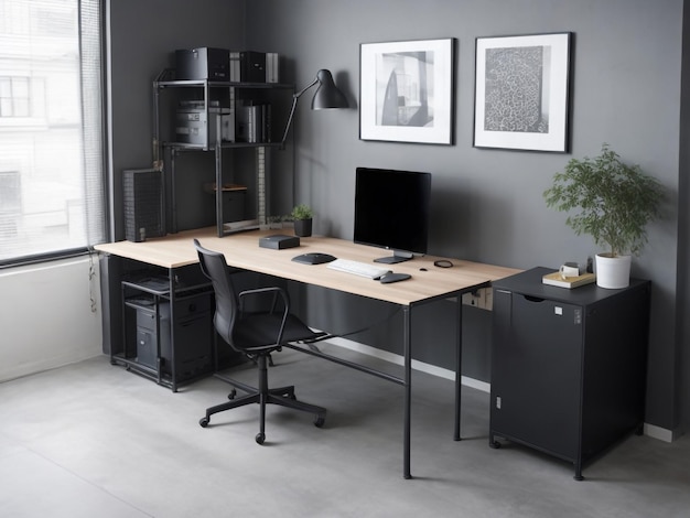 Photo intérieur de coworking blanc avec fauteuils et ordinateur pc sur le bureau vue latérale parquet office co