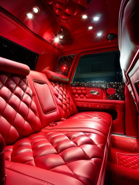 Photo l'intérieur en cuir rouge de cette voiture éclairé par un plafond étoilé offre une ambiance céleste pour une conduite extraordinaire