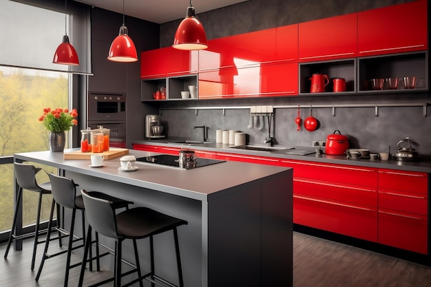 Un intérieur de cuisine aux accents rouges et gris Generative Ai