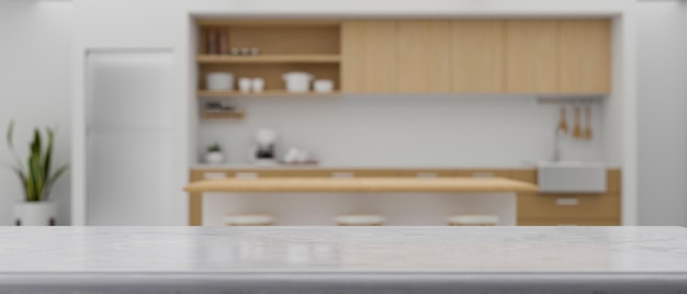 Intérieur de cuisine blanc et bois contemporain moderne avec un espace de copie sur le comptoir de cuisine blanc
