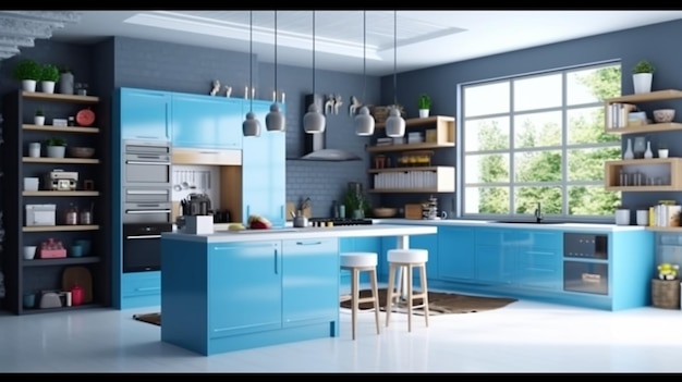 Intérieur de cuisine bleu moderne avec intérieur de cuisine de meubles avec mur blanc Generative AI