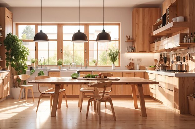 Intérieur de cuisine en bois clair avec table au milieu de la salle à manger, beau design de cuisine