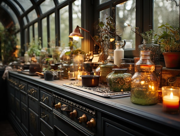 Un intérieur de cuisine chaleureux et accueillant avec un décor vintage et de la lumière naturelle