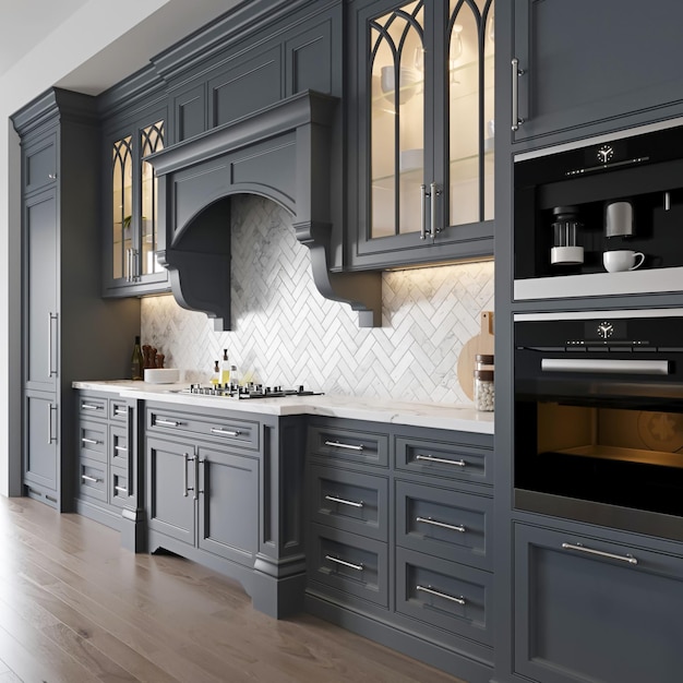 Interieur de cuisine classique en 3D avec table en marbre et décoration d'armoires sombres