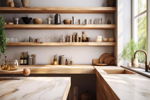 Intérieur de cuisine confortable avec comptoir de bar en quartz