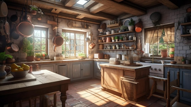 Intérieur de cuisine confortable avec plafond en bois naturel, meubles et ustensiles de cuisine en poterie