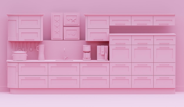 Intérieur de la cuisine en couleur rose monochrome unie avec des accessoires de cuisine d'armoire rendu 3D pour la présentation de pages Web ou des arrière-plans de cadres photo