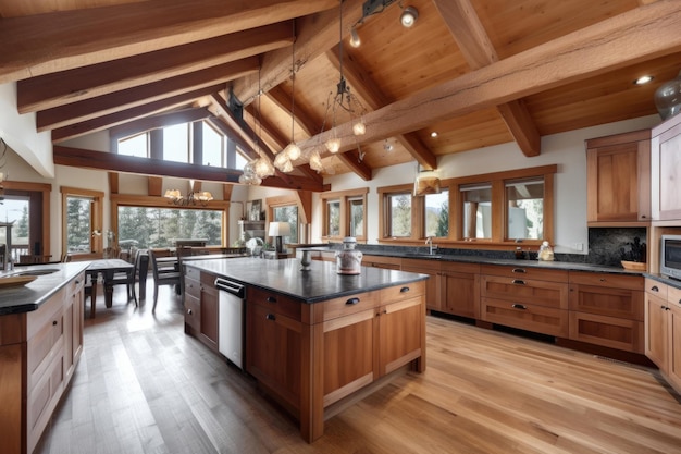 Intérieur de la cuisine dans une maison en bois avec de hauts plafonds et des poutres Île pour le comptoir de bar de cuisine