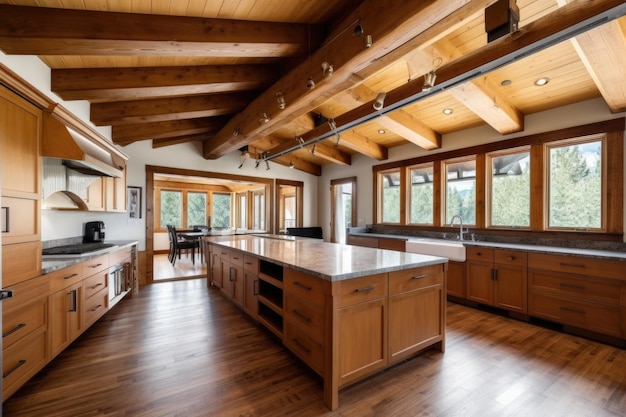 Intérieur de cuisine dans une maison en bois avec hauts plafonds et poutres Îlot pour cuisiner comptoir de bar