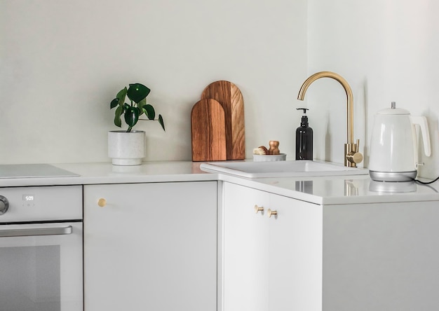 L'intérieur de la cuisine dans un mobilier blanc de style minimaliste avec un distributeur de fleurs brosses sur une table blanche