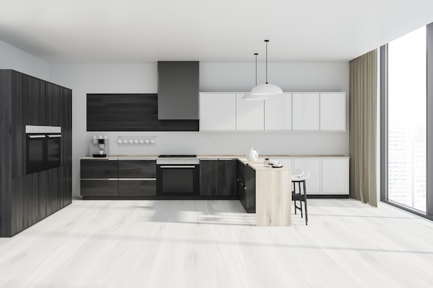 Intérieur d'une cuisine élégante avec des murs blancs, du parquet, une fenêtre panoramique et des comptoirs blancs et en bois avec un bar en bois à proximité. Placard en bois avec poêles encastrés. rendu 3d