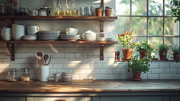 Un intérieur d'une cuisine élégante avec des ustensiles et des couverts sur un comptoir