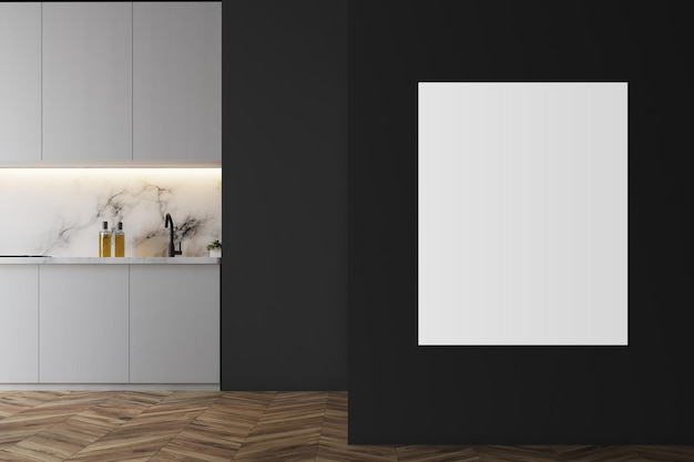 Intérieur de cuisine loft gris avec des comptoirs blancs, une table ronde en bois et des chaises qui l'entourent. Un plafonnier suspendu au-dessus. Une affiche verticale. maquette de rendu 3d