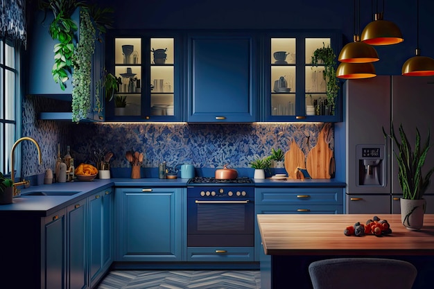 Intérieur de cuisine lumineux avec comptoir dans des tons bleu foncé la nuit ai générative