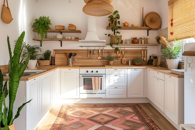 Photo l'intérieur d'une cuisine moderne avec des armoires blanches et des armoires en bois