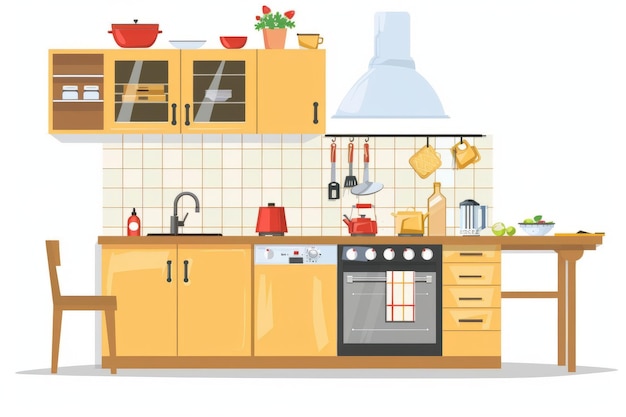 Intérieur de cuisine moderne avec des armoires jaunes et des appareils de cuisine