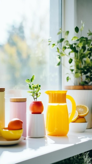 intérieur de cuisine moderne confortable tasses multicolores et théière jus d'orange dans le verre et