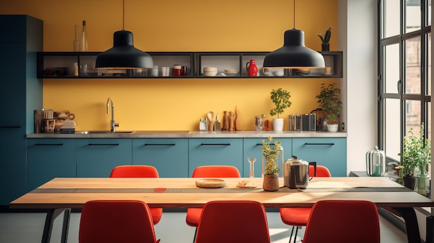 Intérieur d'une cuisine moderne confortable Théière et tasses colorées IA générative