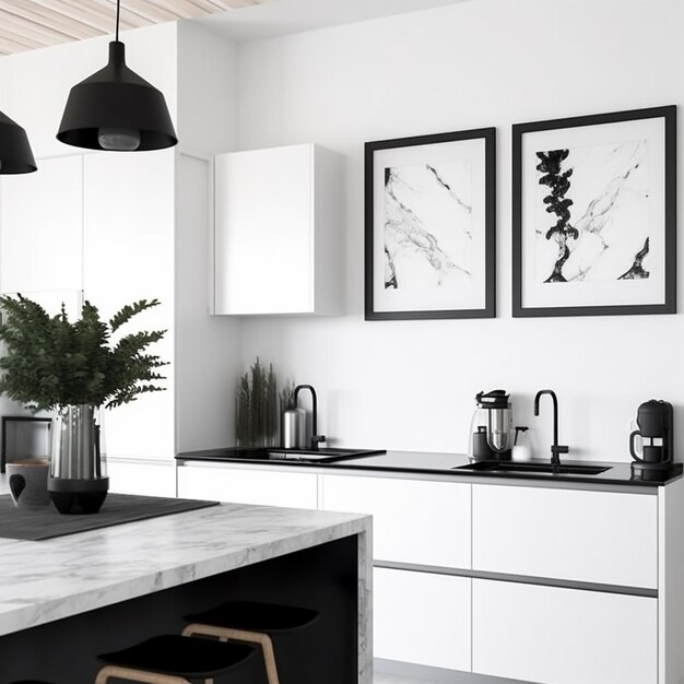 Intérieur de cuisine moderne avec des couleurs noir et blanc