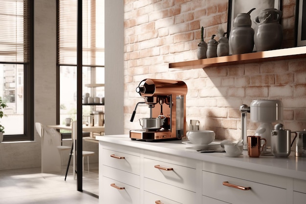 intérieur de cuisine moderne avec machine à faire de l'espresso papier peint de brique de cuisine élégant avec soleil du matin