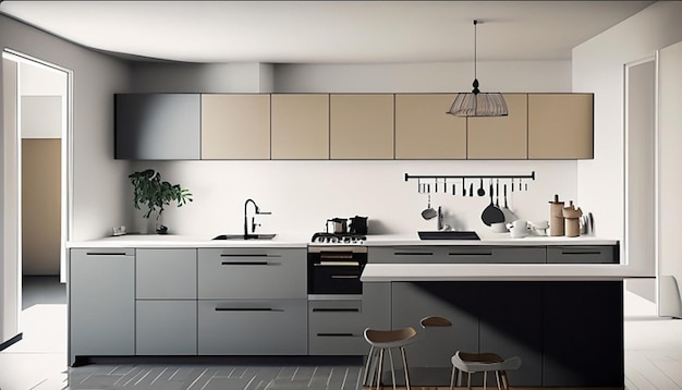Intérieur de cuisine moderne à la maison avec des meubles modernes d'illustration 3d