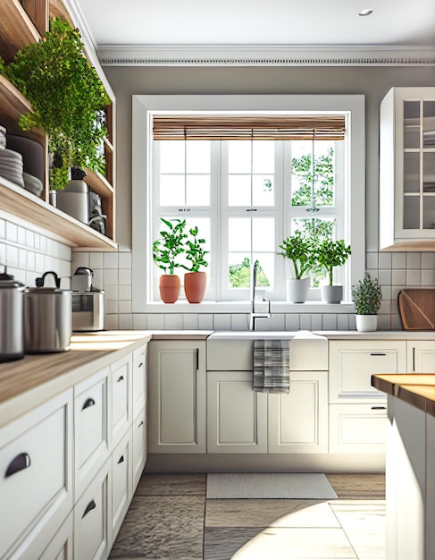 Photo intérieur de cuisine moderne avec des meubles blancs et des comptoirs en bois, des armoires, des étagères et des placards plantes vertes en pot grande fenêtre idées de conception de maison de campagne de ferme