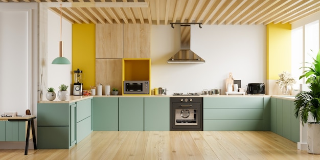 Intérieur de cuisine moderne avec des meubles.Intérieur de cuisine élégant avec mur jaune.Rendu 3D