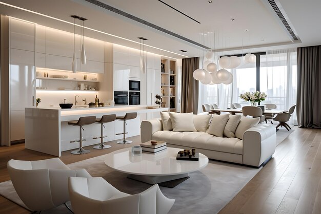 Intérieur de cuisine moderne avec murs blancs et bois plancher en bois canapé beige et table basse