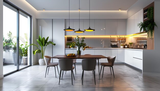 Intérieur d'une cuisine moderne à plan ouvert avec table à manger et lampes lumineuses